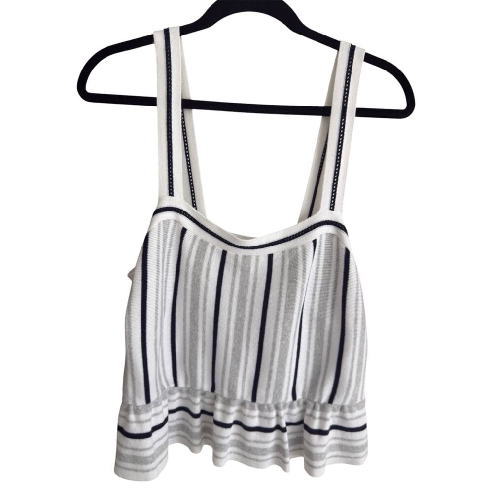 Neutral Striped Peplum Tank Black White Gray Knit Coastal Chic Summer Top - Picture 2 of 5